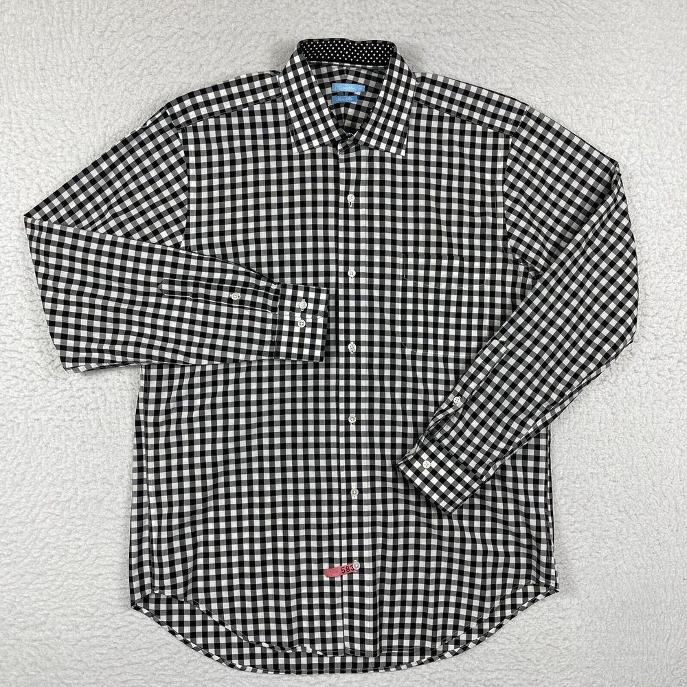 J McLaughlin Shirt Mens Medium Slim Fit Black White Gingham Check‎ Preppy Work